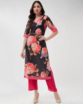 floral print v-neck straight kurta