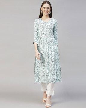 floral print v-neck straight kurta