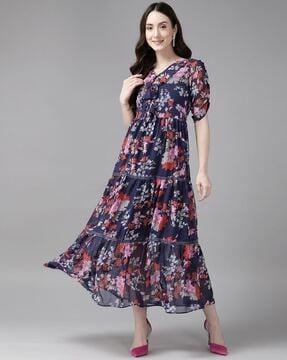 floral print v-neck tiered dress
