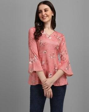 floral print v-neck top with bell sleeves