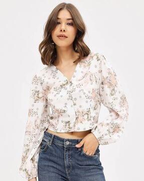 floral print v-neck top with button-loop closure