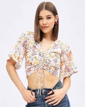 floral print v-neck top with cinched detail