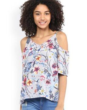 floral print v-neck top with cutout sleeves