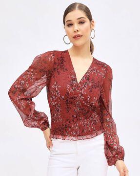 floral print v-neck top with smocked detail