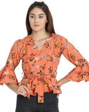 floral print v-neck top with tie-up