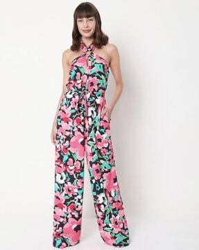 floral print waist tie-up jumpsuit