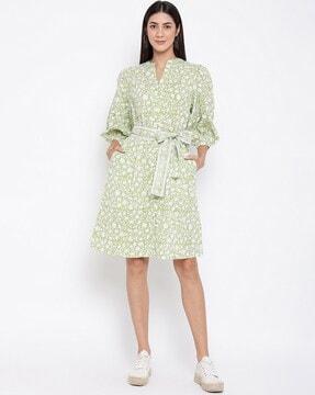 floral print waist tie-up shift dress