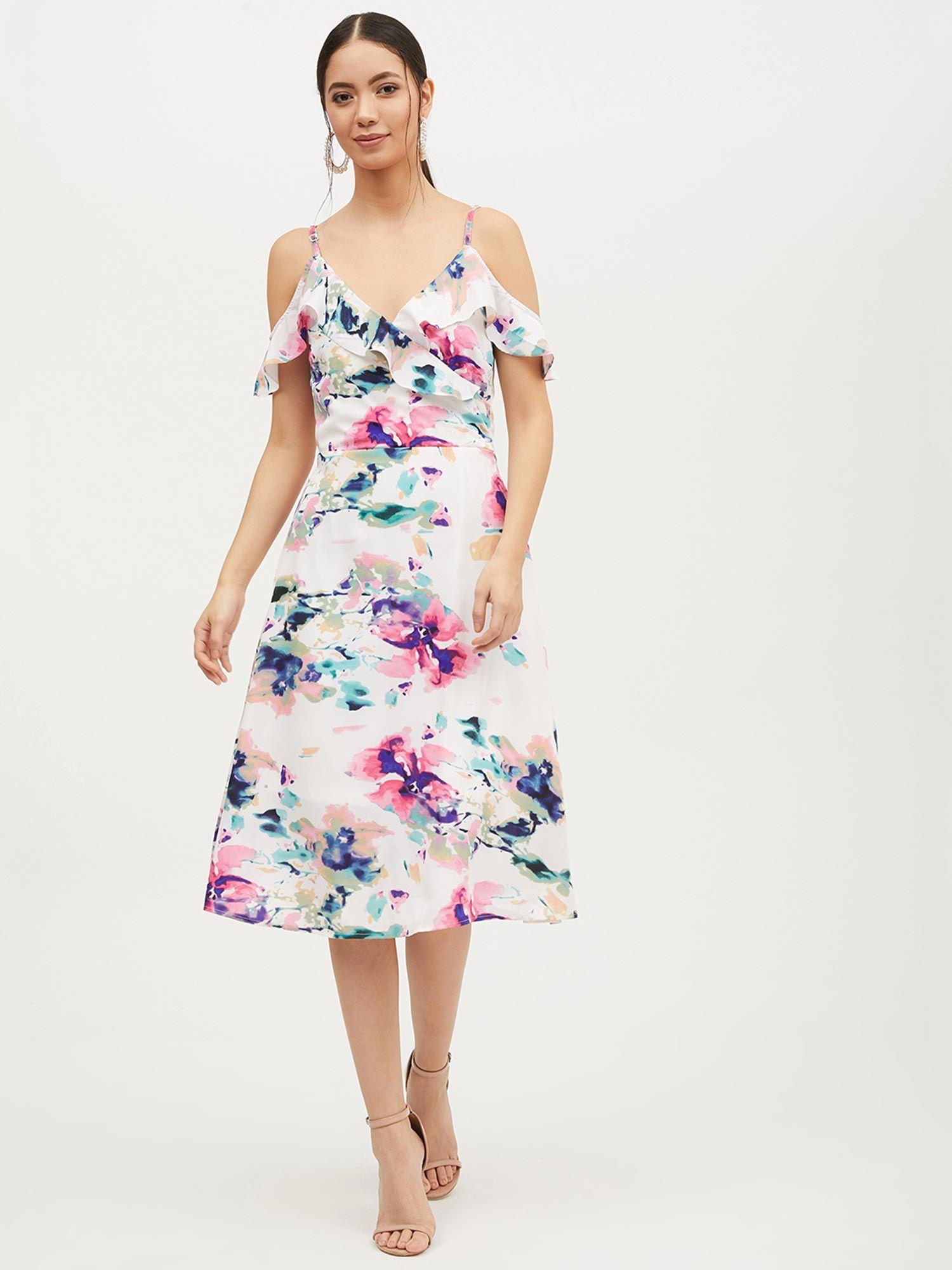 floral print white cold shoulder midi dress