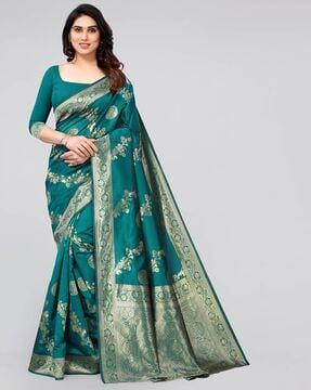 floral print woven saree with zari border