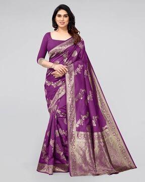 floral print woven saree with zari border