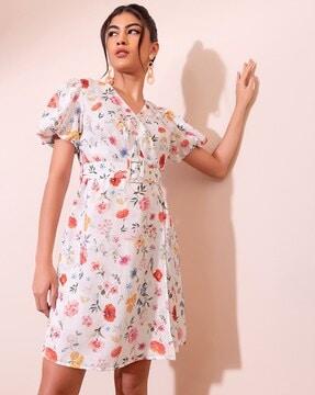 floral print wrap a-line dress with belt