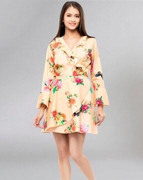 floral print wrap dress with bell sleeves