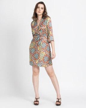 floral print wrap-style a-line dress