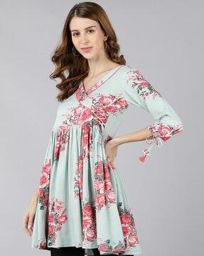 floral print wrap tunic with tie-up
