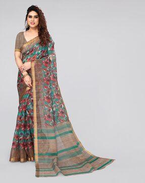 floral print zari border saree with border