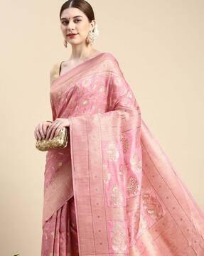 floral print zari border saree with tassels