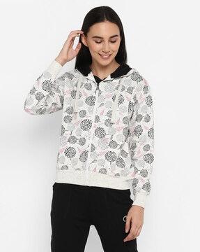 floral print zip-front hoodie with kangaroo pockets