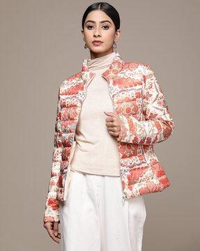 floral print zip-front puffer jacket