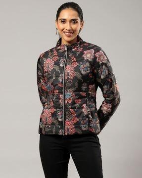 floral print zip-front quilted jacket
