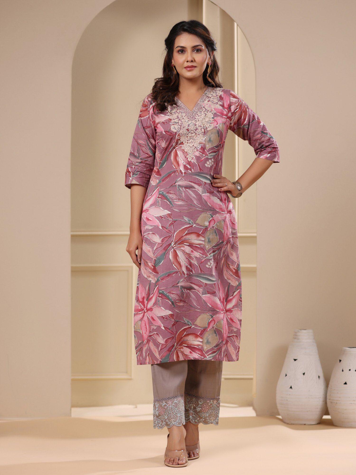 floral printed & chikankari embroidered kurta - mauve