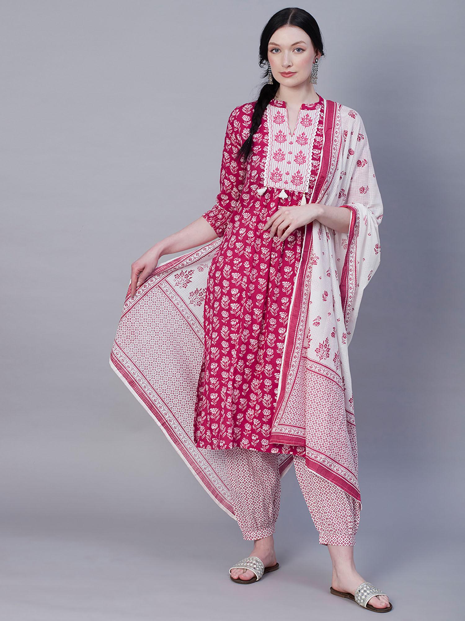 floral printed & embroidered kurta with salwar pants & dupatta - magenta (set of 3)
