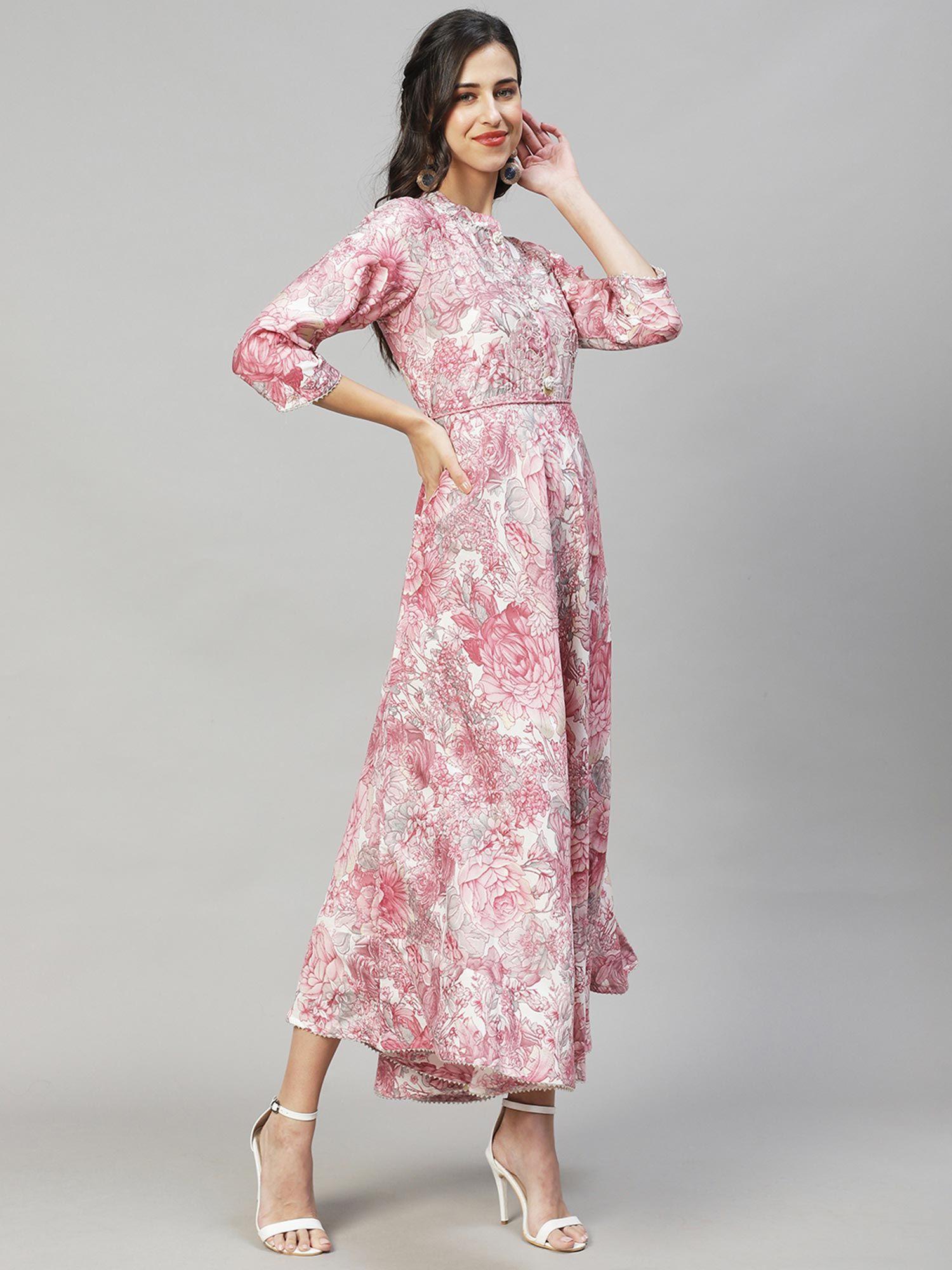 floral printed & hand embroidered flared maxi dress with dori-pastel pink