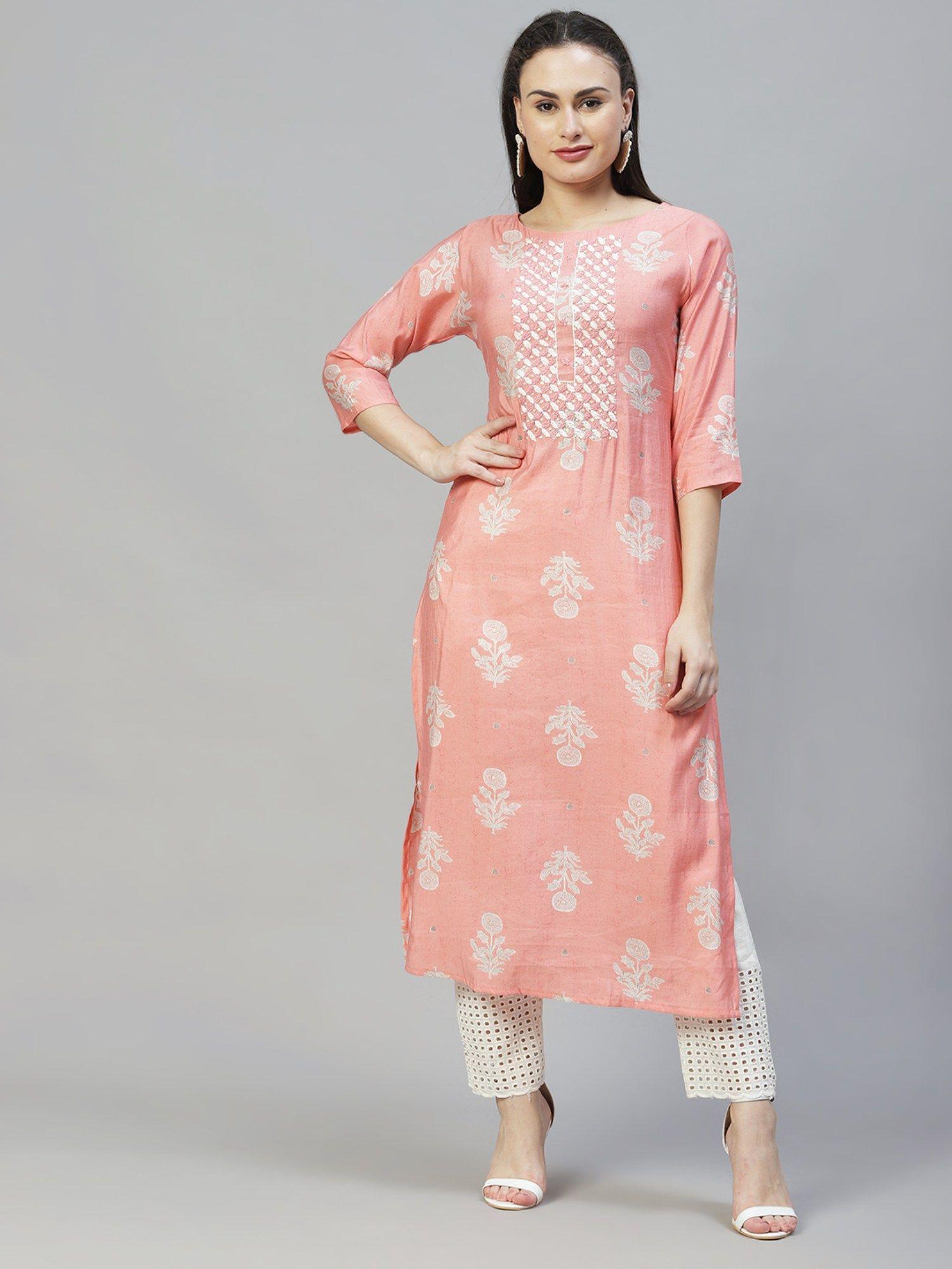 floral printed & hand embroidered straight fit kurta - peach