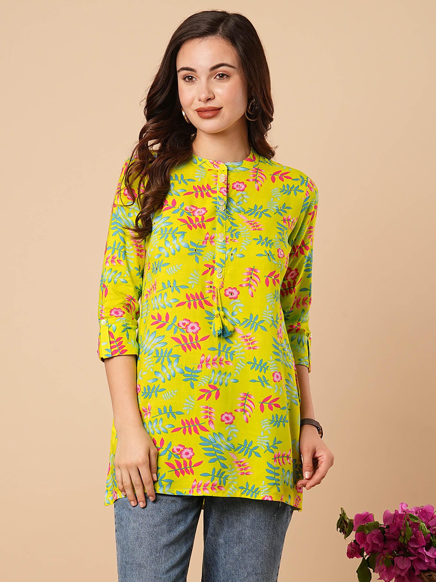 floral printed & mirror embroidered straight fit short kurti- lime green