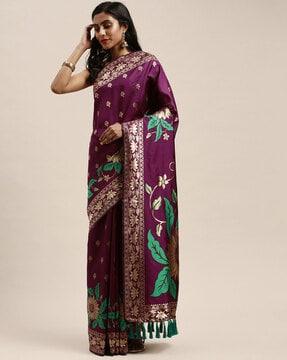 floral printed & zari woven saree with blouse piece