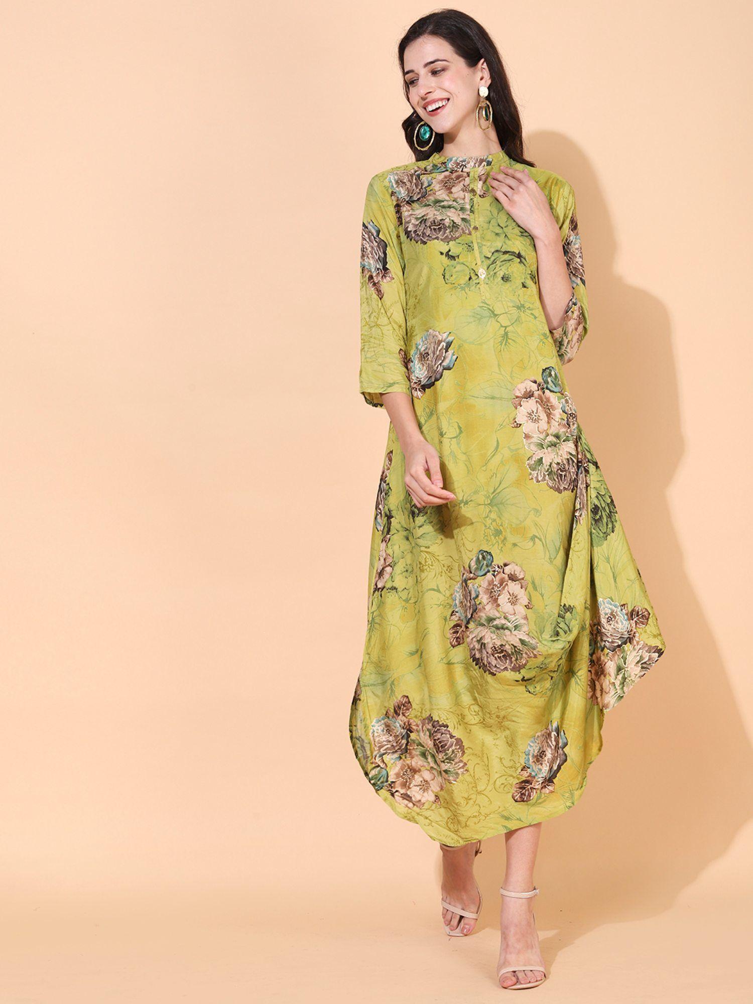 floral printed a-line cowl midi dress pear green