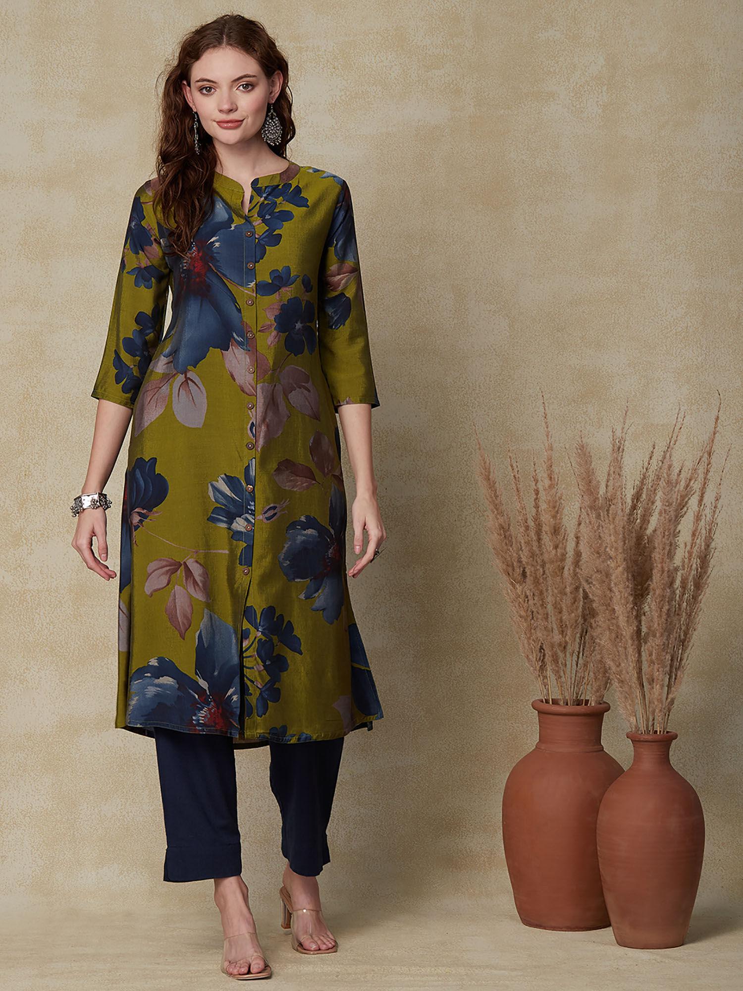 floral printed a-line kurta - green