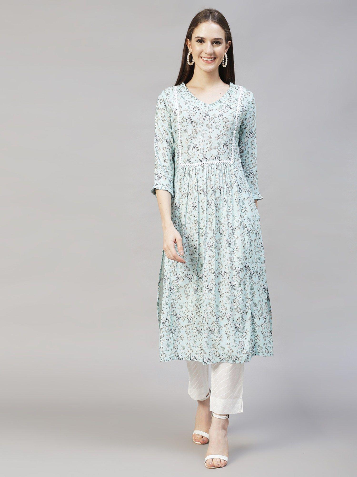 floral printed a-line kurta - light aqua blue