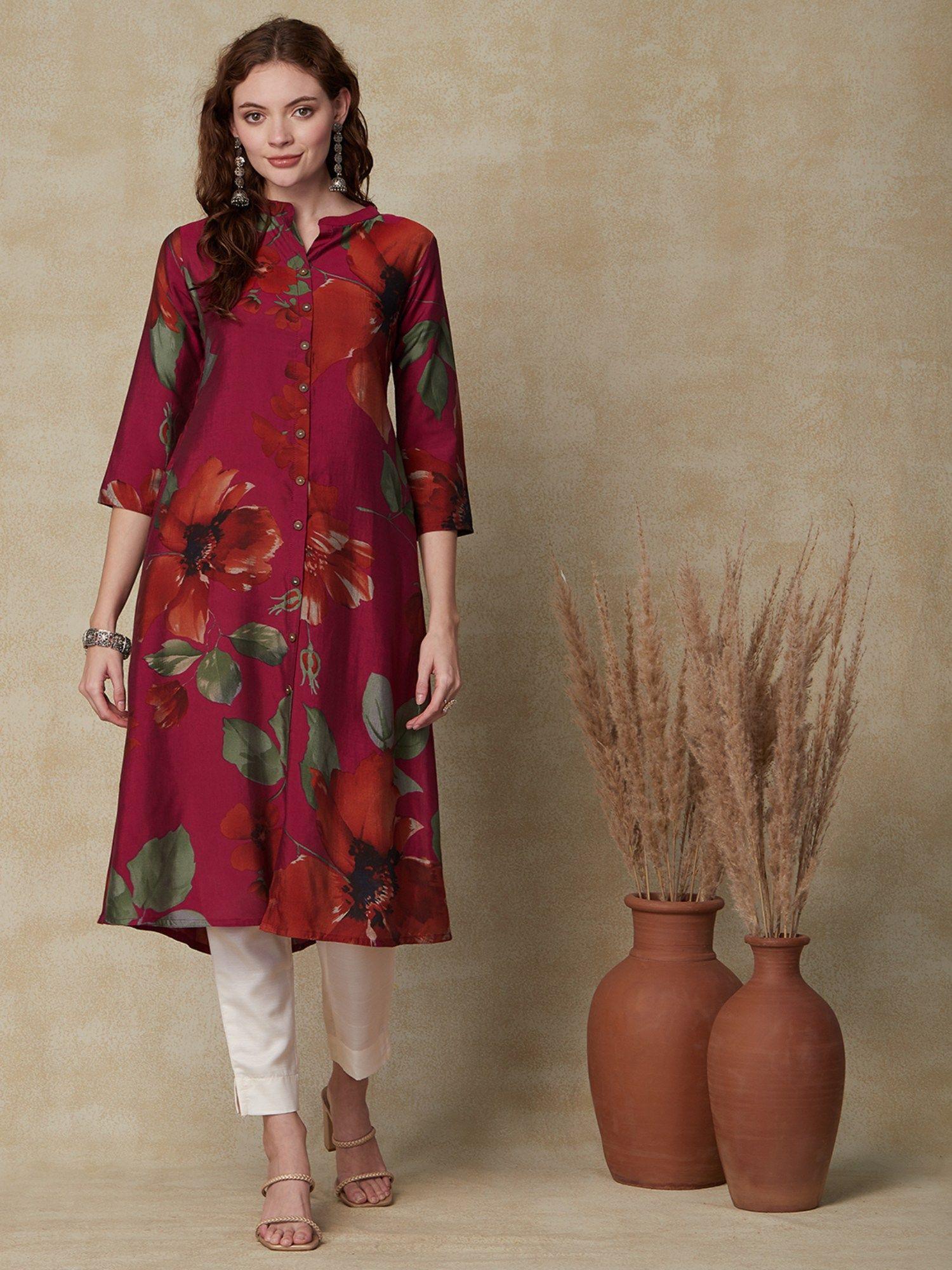 floral printed a-line kurta - maroon