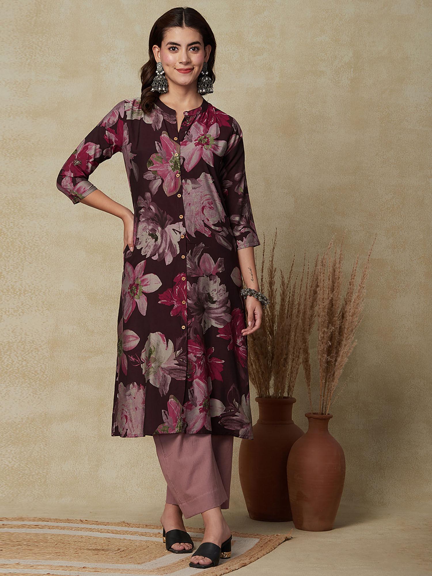 floral printed a-line kurta- deep purple