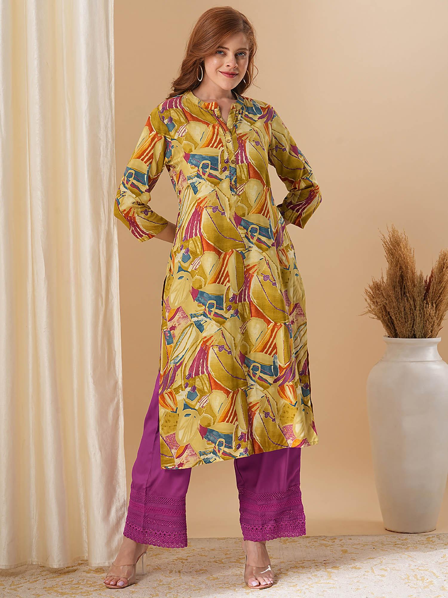 floral printed a-line kurta- khaki