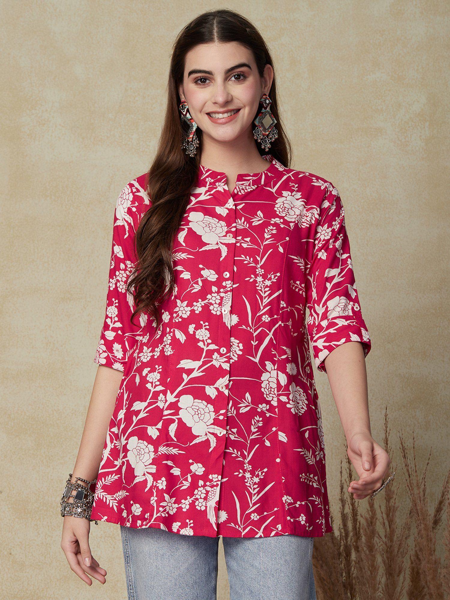 floral printed a-line kurti - fuchsia