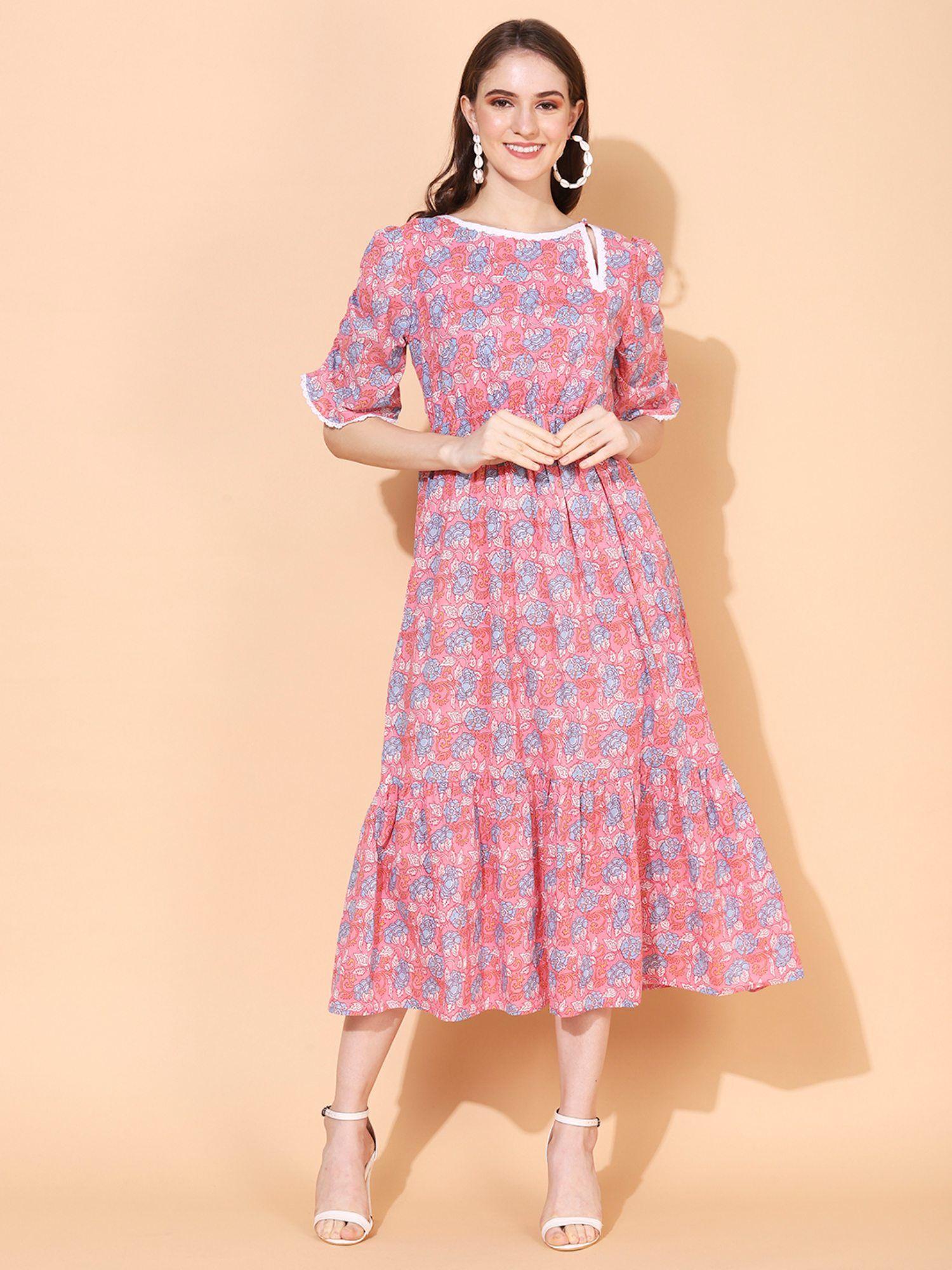 floral printed a-line midi dress pink