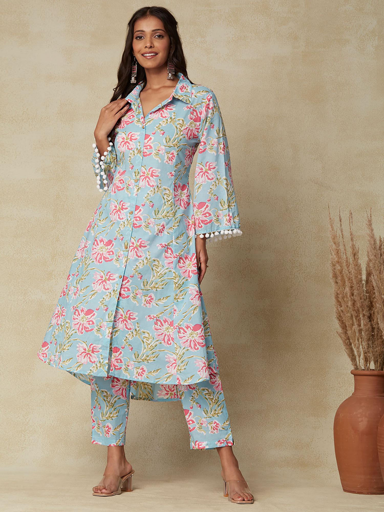 floral printed a-line panelled kurta with pants blue (set of 2)