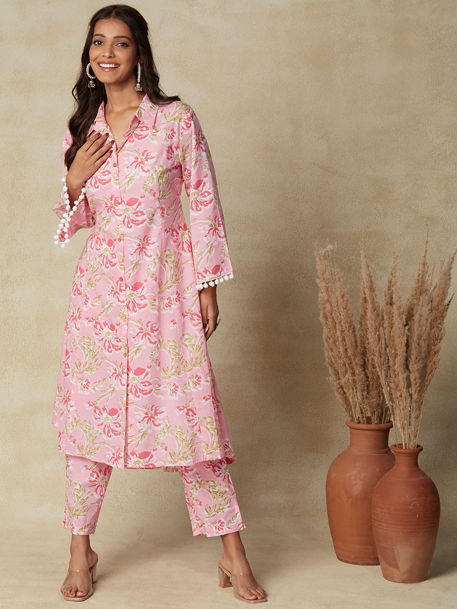 floral printed a-line panelled kurta with pants pink (set of 2)