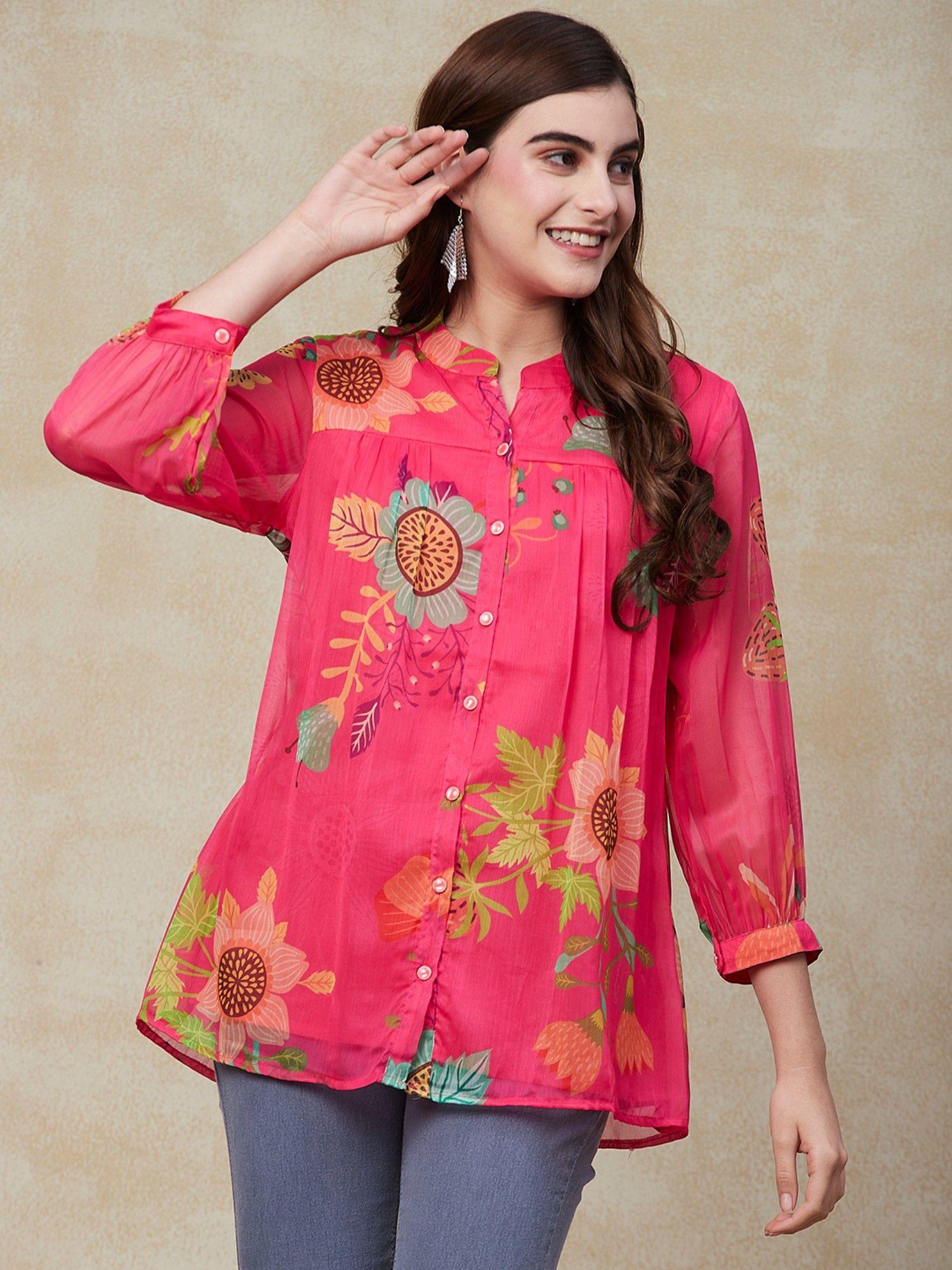 floral printed a-line pleated shirt - fuchsia