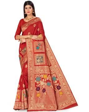 floral printed banarasi silk woven saree with blouse piece