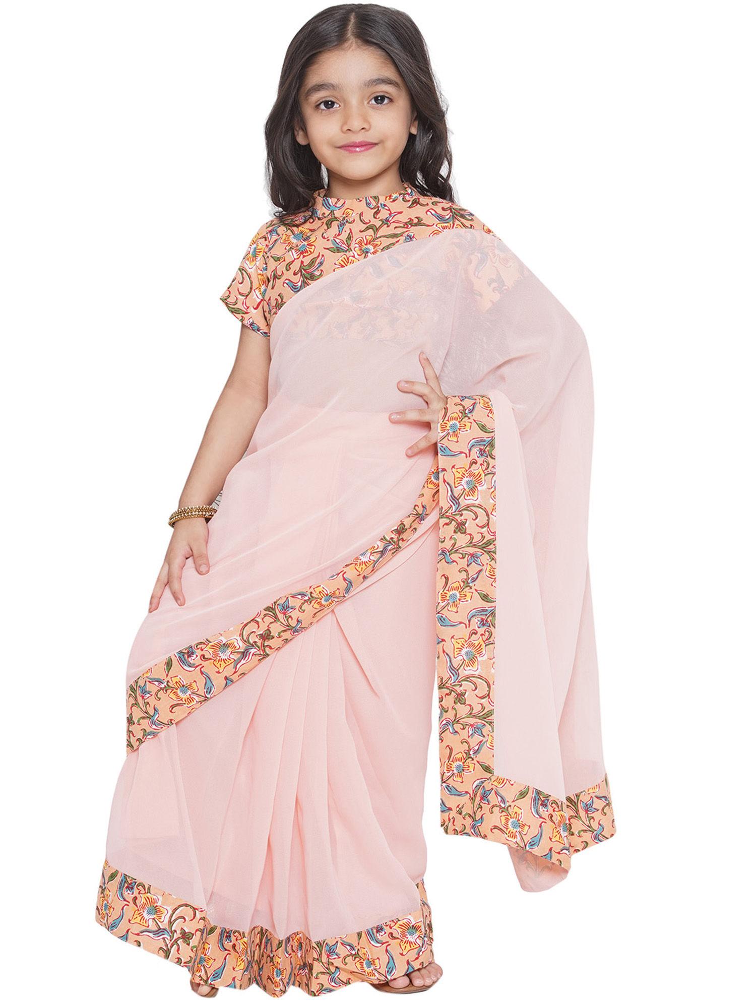 floral printed blouse with ready to wear saree - peach (set of 2)