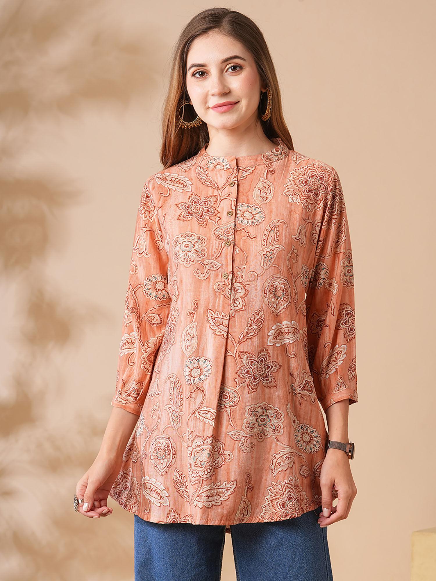 floral printed buttoned kurti - peach