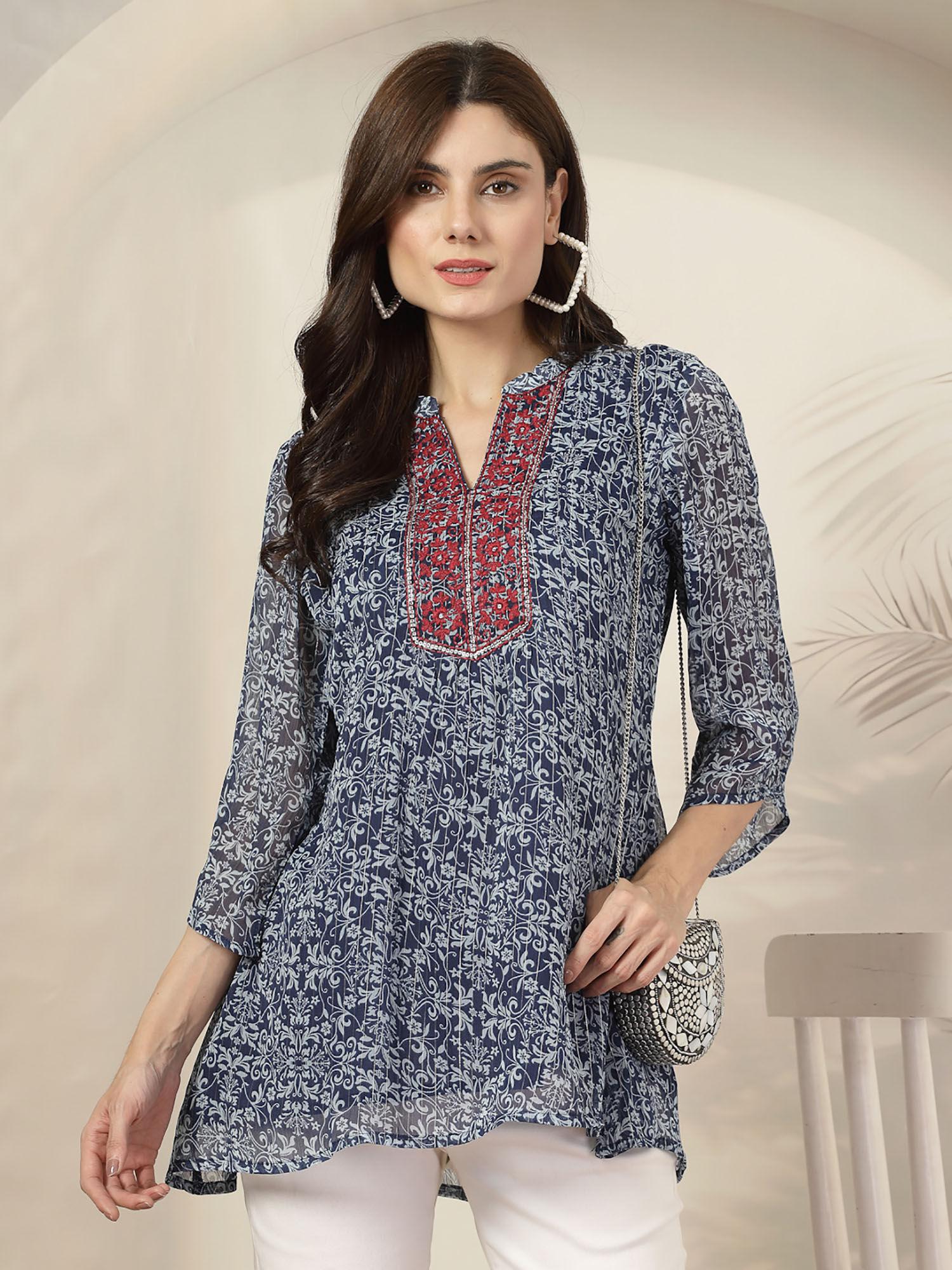 floral printed casual tunic blue