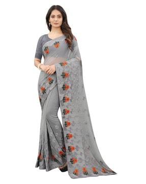 floral printed chiffon embroidered saree with blouse piece