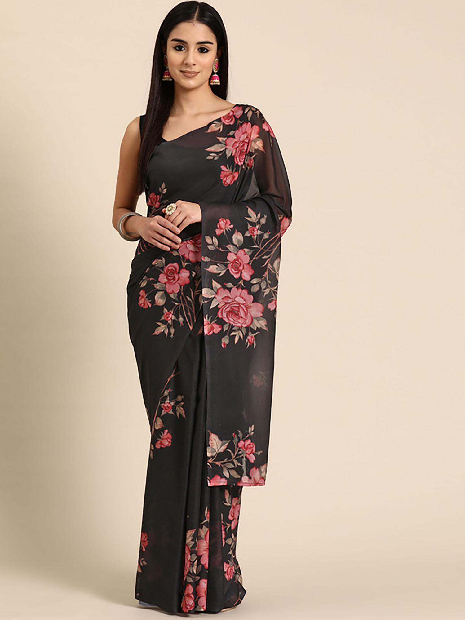 floral printed chiffon saree with unistitched blouse