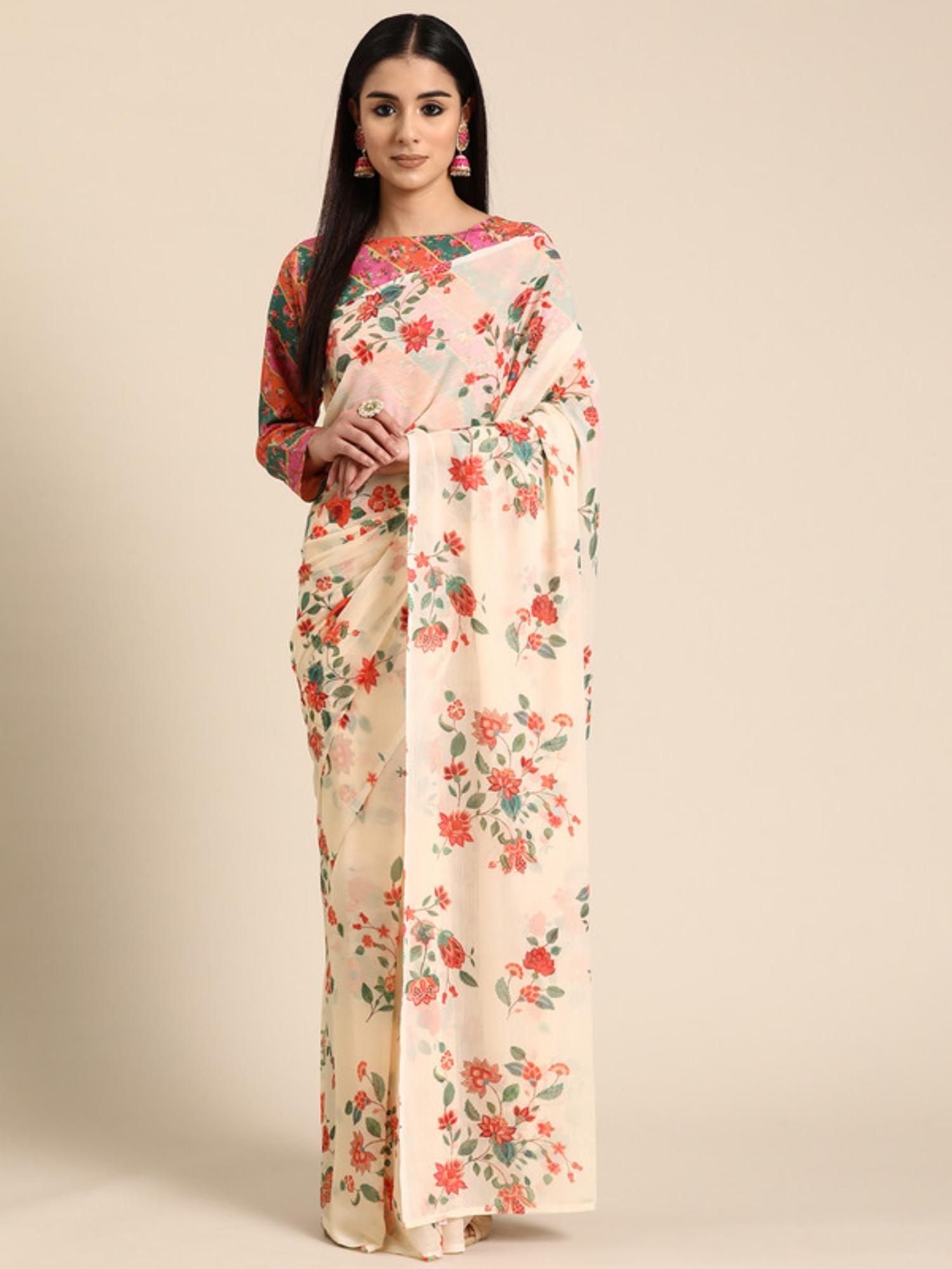 floral printed chiffon saree with unistitched blouse