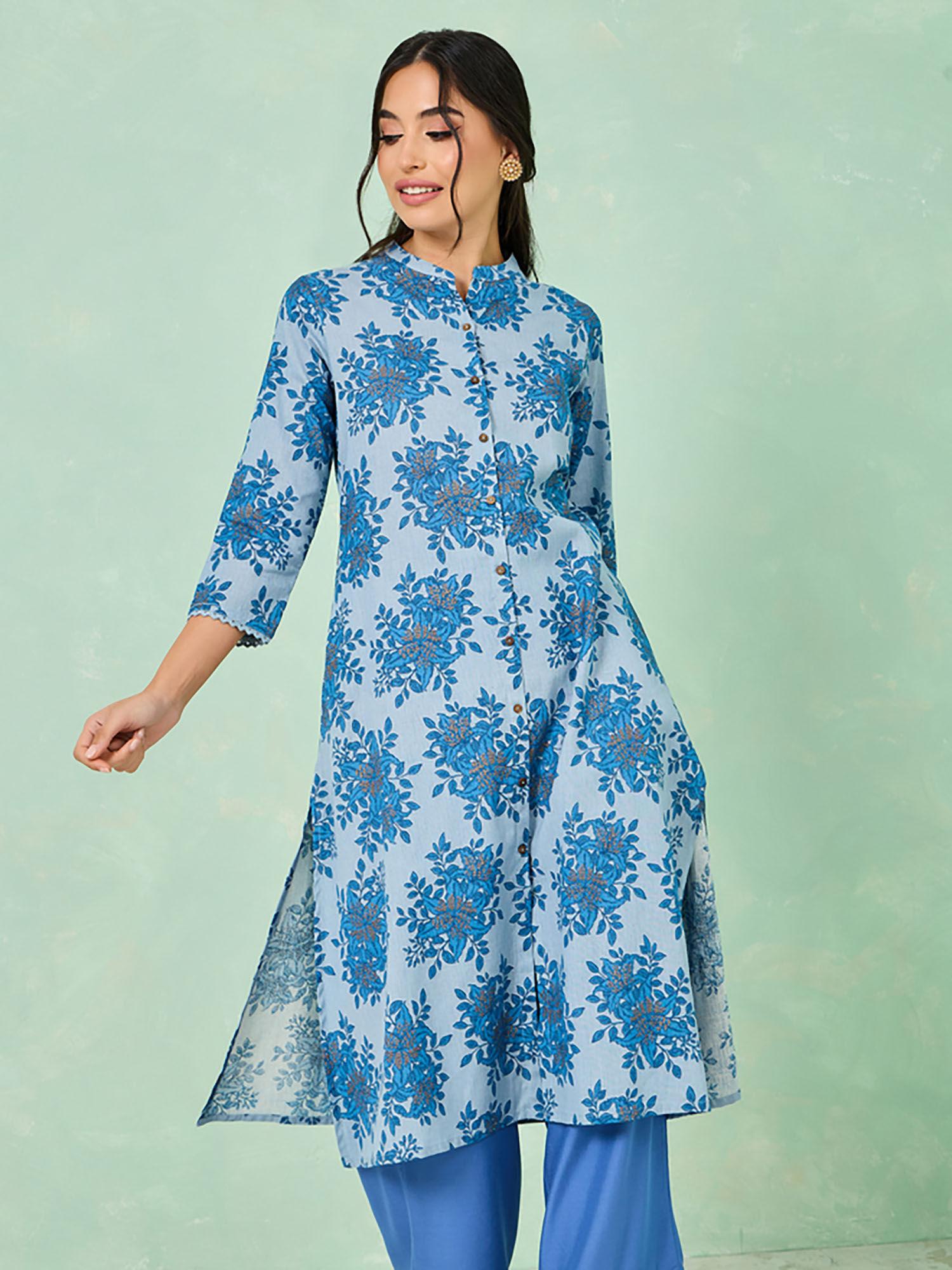 floral printed cotton a-line kurta blue