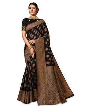 floral printed cotton blend zari border saree with blouse piece