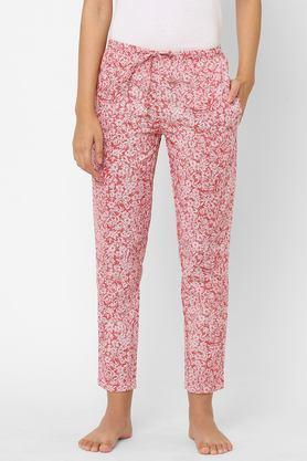 floral printed cotton calf length regular fit women's lounge pant - red